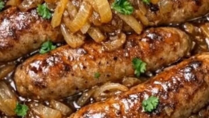 A close-up of juicy pork sausages and caramelized onions in a rich brown gravy served with creamy mashed potatoes.