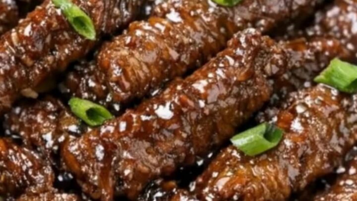 A close-up of tender, glossy Mongolian beef strips in a black slow cooker with green onion garnish.