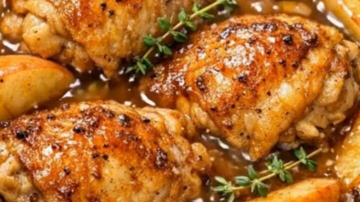 Slow cooker apple cider chicken with tender apple slices served on a white plate.