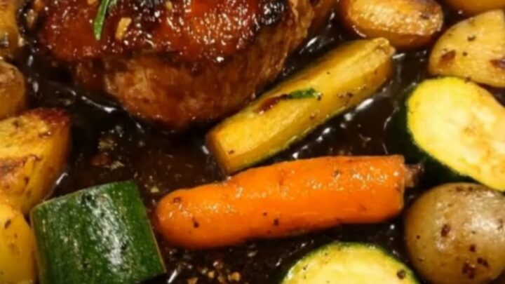 A roasted pork loin with caramelized carrots, zucchini, and potatoes on a sheet pan.