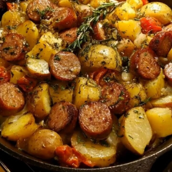 A rustic cast-iron skillet filled with golden-brown roasted potatoes and slices of savory smoked sausage.