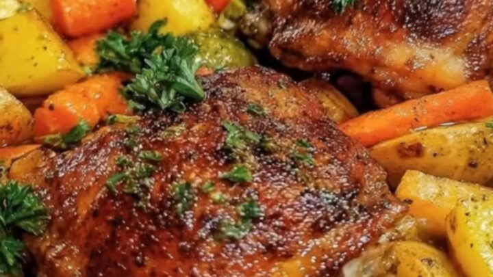 Crispy golden roasted chicken thighs served with roasted potato chunks on a white ceramic plate.