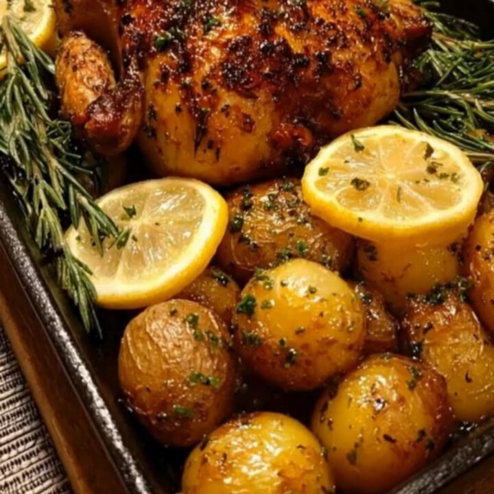 Golden roasted whole chicken surrounded by crispy baby potatoes and lemon slices in a black pan.