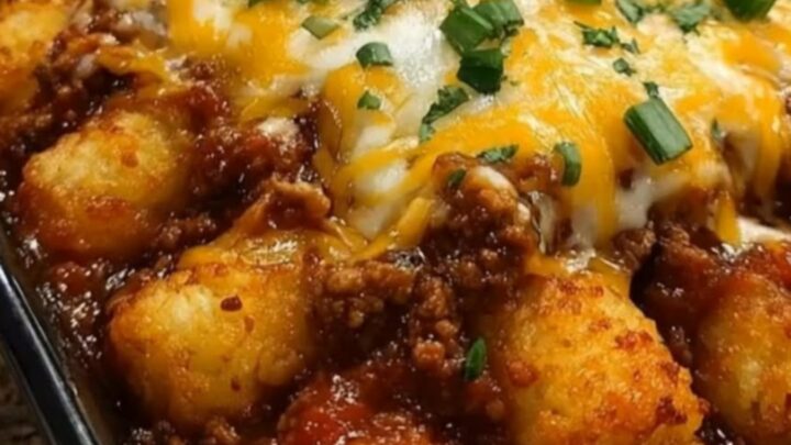 A steaming, golden-brown Sloppy Joe Tater Tot Casserole in a black baking dish with melted cheese and green onions.