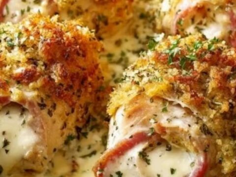 A golden, bacon-wrapped chicken roll resting in a creamy sauce inside a slow cooker.
