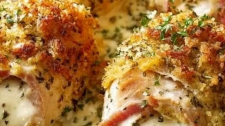 A golden, bacon-wrapped chicken roll resting in a creamy sauce inside a slow cooker.