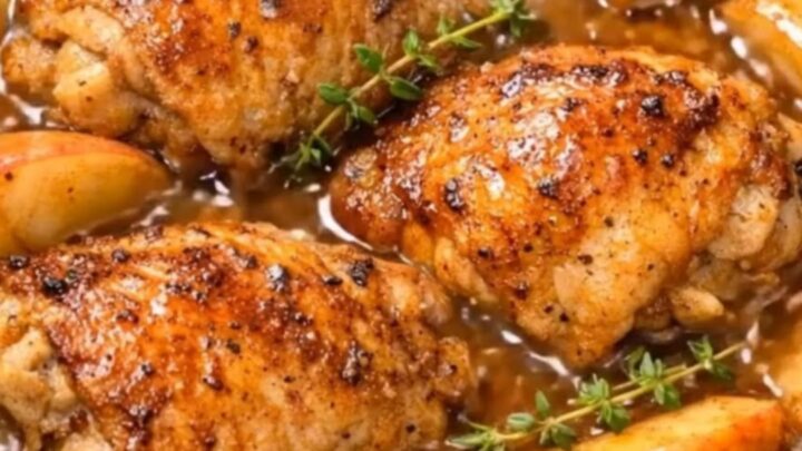 A close-up view of golden-brown apple glazed chicken thighs served on a white plate with tender apple slices.