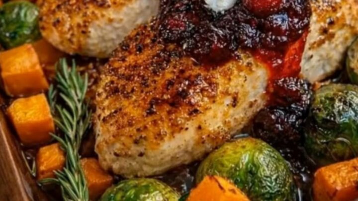 A golden roasted chicken breast topped with cranberry sauce, feta, and walnuts in a wooden dish.