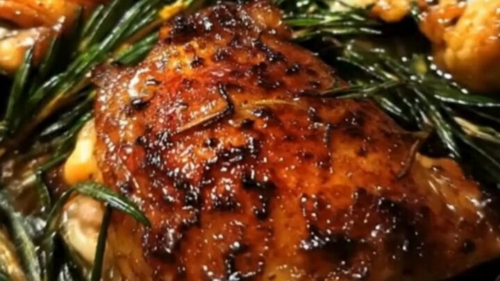 A golden-brown roasted chicken thigh with crispy skin, garnished with fresh rosemary on a dark baking pan.