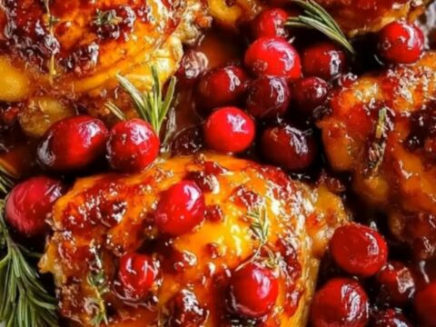 Sticky orange cranberry glazed chicken thighs with rosemary in a white ceramic dish.