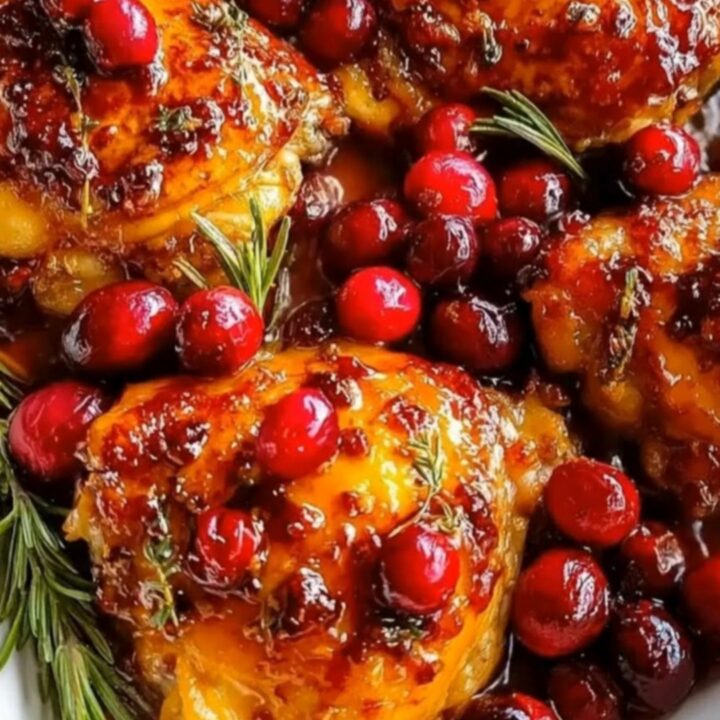Sticky orange cranberry glazed chicken thighs with rosemary in a white ceramic dish.