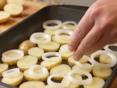 A close-up of crispy roasted baby potatoes and caramelized onions on a dark baking sheet.