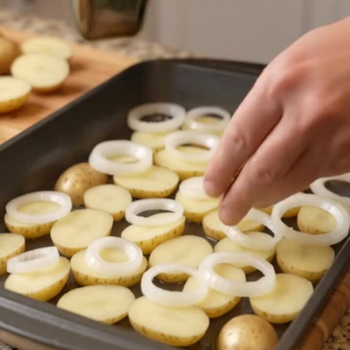 A close-up of crispy roasted baby potatoes and caramelized onions on a dark baking sheet.