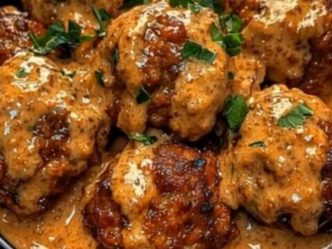 A close-up of tender beef meatballs coated in a rich, orange chipotle cream sauce in a black dish.