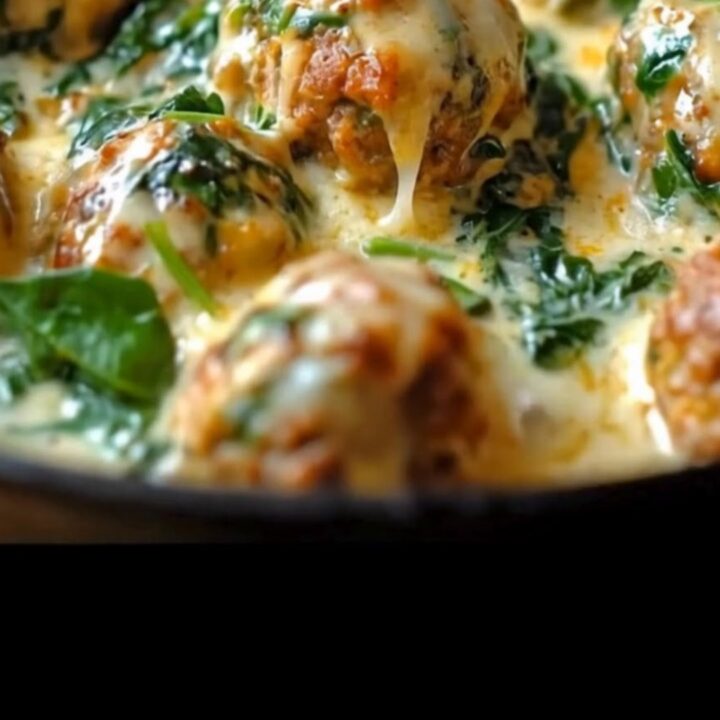 A cast-iron skillet filled with golden-brown chicken meatballs in a creamy white garlic sauce with spinach and melted