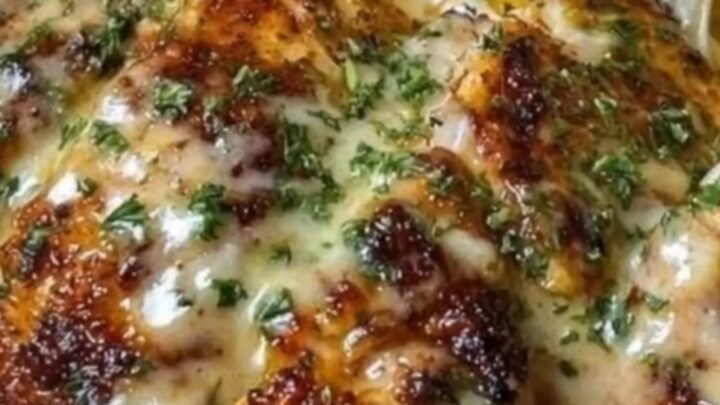 A plate of creamy garlic parmesan fettuccine topped with sliced, golden-seared chicken breasts.