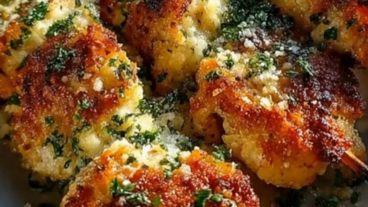 A platter of golden-brown garlic parmesan chicken skewers with fresh lemon wedges.