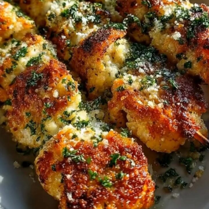 A platter of golden-brown garlic parmesan chicken skewers with fresh lemon wedges.