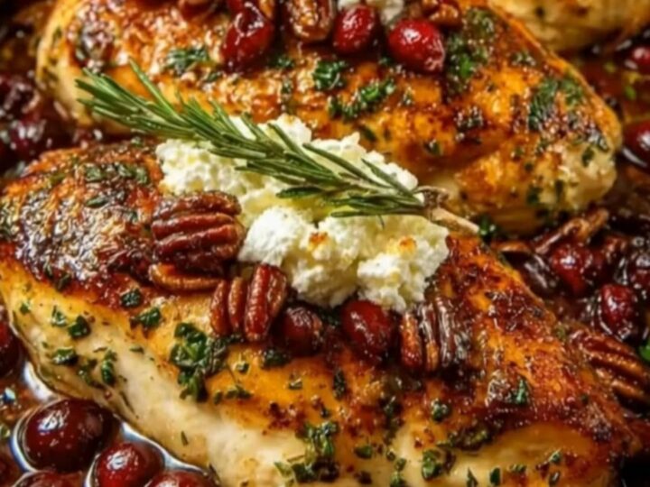 A golden, glazed chicken breast topped with fresh ricotta, chopped pecans, and rosemary in a dark roasting pan.