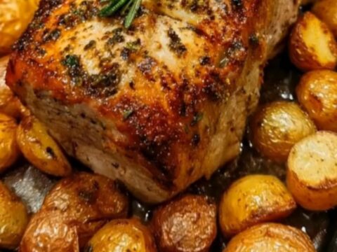 A beautifully roasted herb-crusted pork loin served with golden crispy baby potatoes on a white platter.