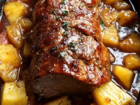A close-up view of steaming, glazed pork tenderloin medallions served with pineapple chunks.