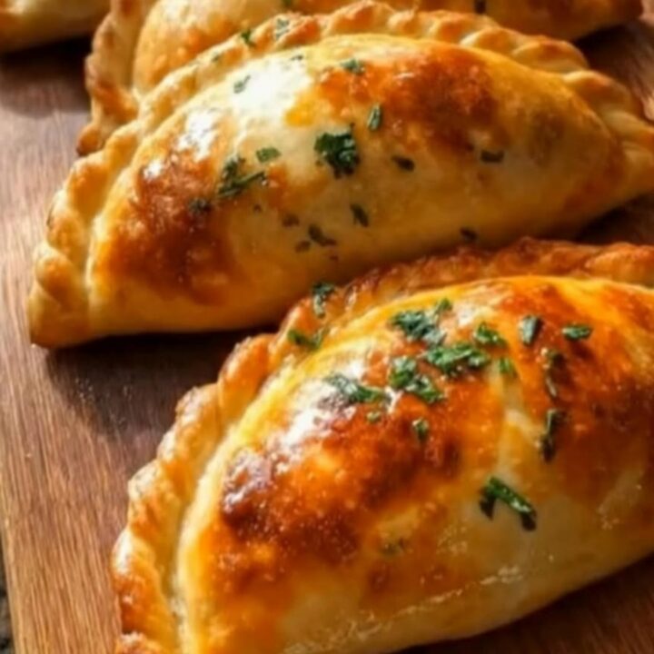 A golden-brown, flaky beef empanada resting on a rustic wooden board with a blurred kitchen background.