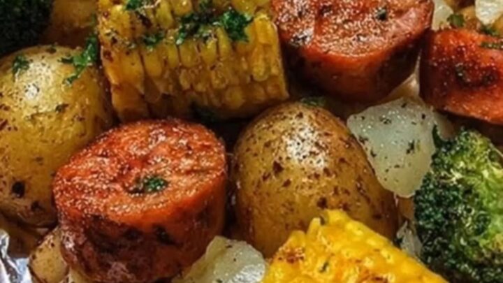 A steaming garlic butter sausage and potato foil packet opened to reveal roasted sausage, baby potatoes, corn, and broccoli.