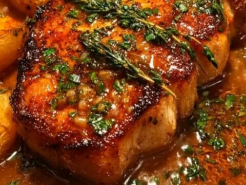 A golden-brown seared pork chop sits in a cast-iron skillet surrounded by roasted baby potatoes in a glossy garlic-herb