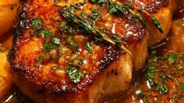 A golden-brown seared pork chop sits in a cast-iron skillet surrounded by roasted baby potatoes in a glossy garlic-herb