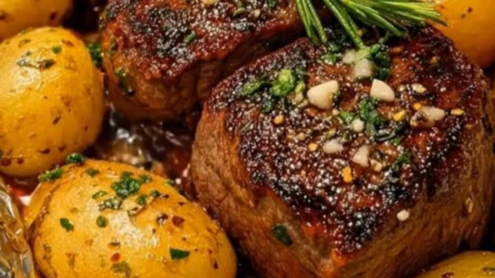 A close-up of seared steak cubes and golden roasted baby potatoes glistening with garlic butter on a foil-lined pan.