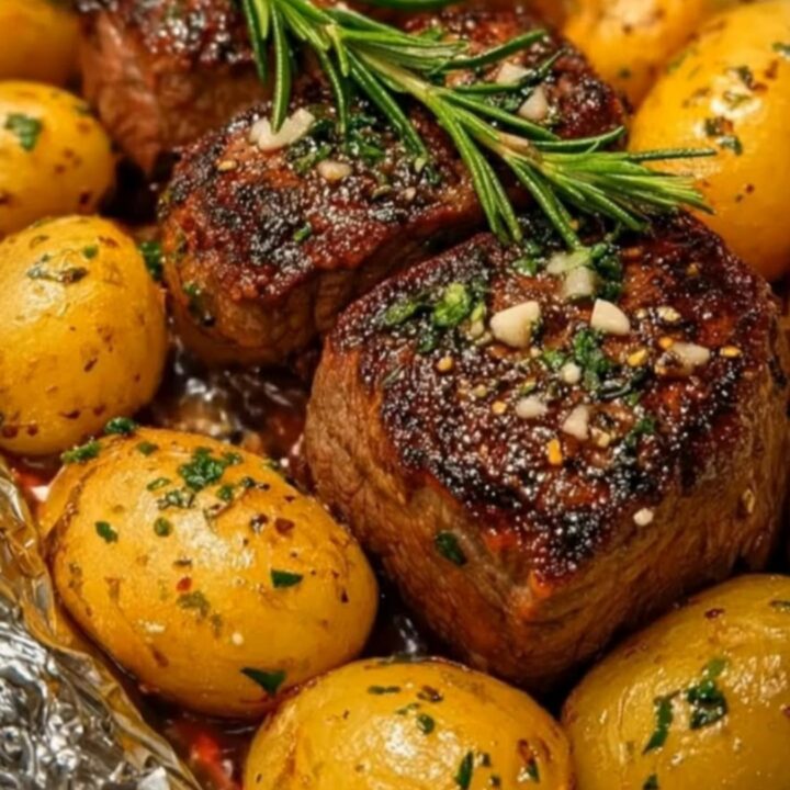 A close-up of seared steak cubes and golden roasted baby potatoes glistening with garlic butter on a foil-lined pan.