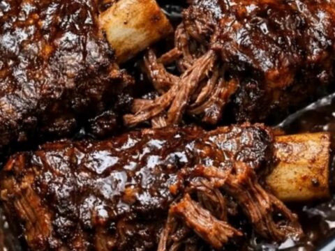 Succulent stout braised short ribs served on a plate with a thick, dark sauce.