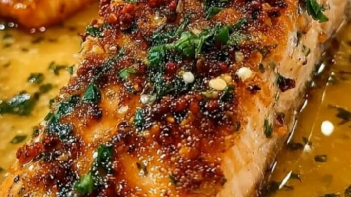 Golden-seared salmon fillets resting in a white dish, smothered in a glistening garlic herb butter sauce.