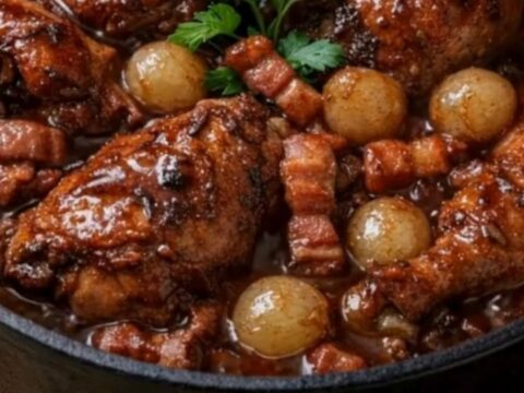 A rustic cast-iron skillet filled with tender chicken drumsticks, red wine sauce, bacon, and pearl onions.