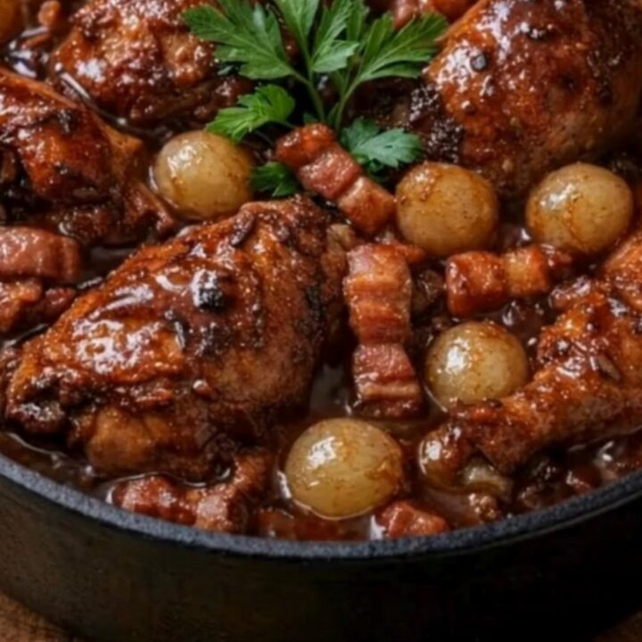 A rustic cast-iron skillet filled with tender chicken drumsticks, red wine sauce, bacon, and pearl onions.