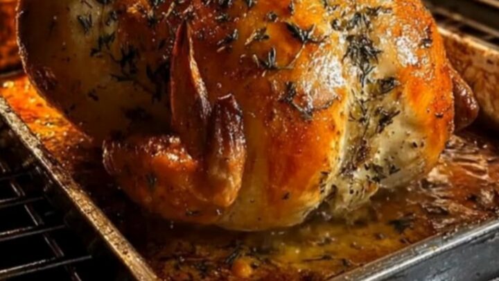 A golden-brown whole herb-roasted chicken resting on a metal pan.