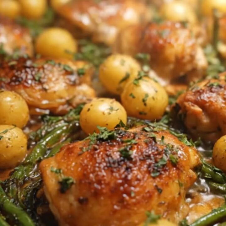 Crispy golden-brown chicken thighs roasted on a sheet pan with baby potatoes and green beans.