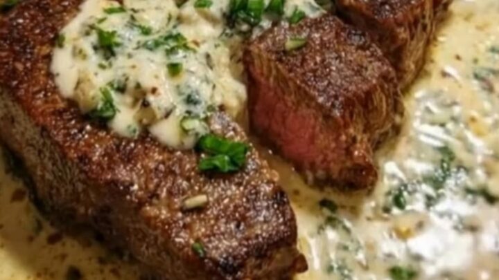 A cast-iron skillet filled with sliced pan-seared steak and roasted potatoes in a creamy garlic sauce.