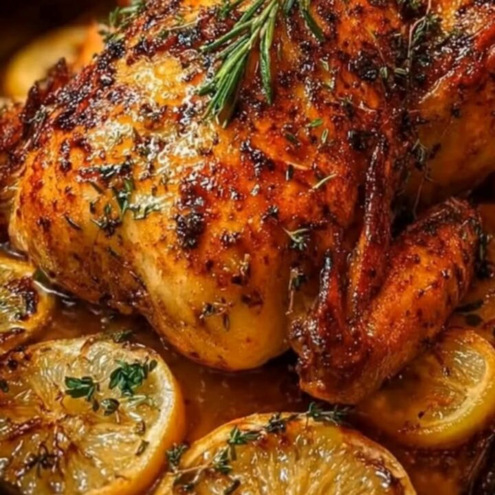 A golden-brown roasted chicken garnished with charred lemon slices and fresh rosemary in a metal pan.