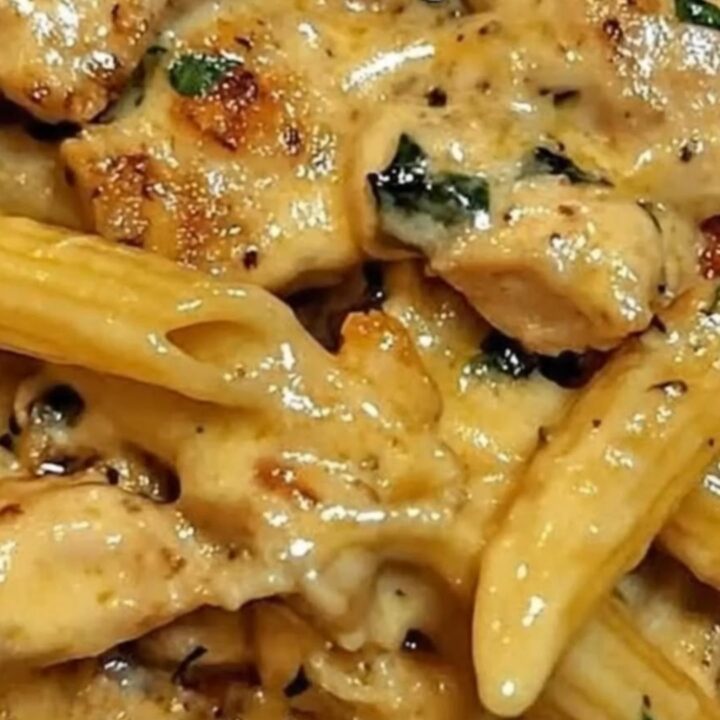 A warm, creamy chicken spinach Alfredo penne served on a white plate.