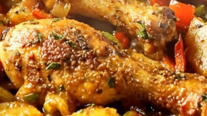 A metal roasting pan filled with golden-brown chicken drumsticks, roasted potatoes, and bell peppers.