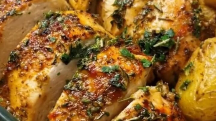 Juicy herb-roasted chicken served with golden potatoes and green beans in a ceramic dish.