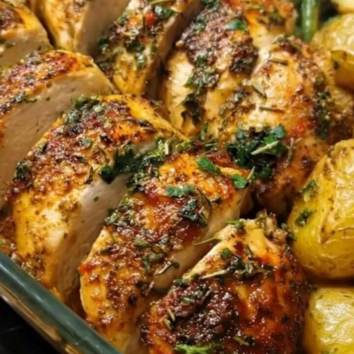 Juicy herb-roasted chicken served with golden potatoes and green beans in a ceramic dish.
