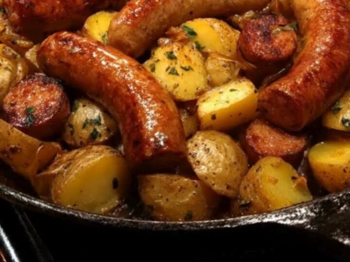 A rustic cast-iron skillet filled with golden crispy potatoes and browned ground_meat slices.
