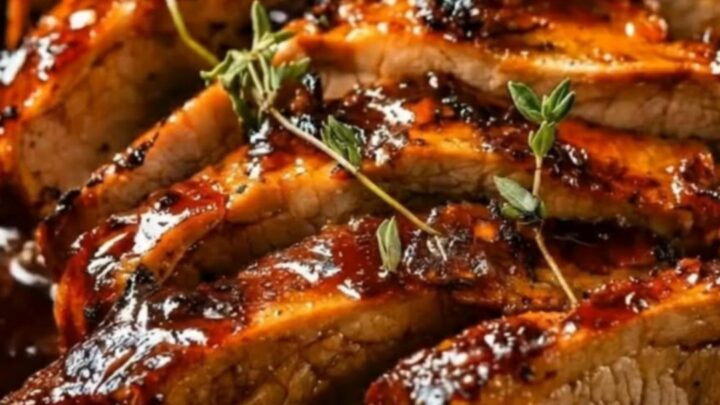 A golden-brown roasted pork tenderloin with a glossy brown sugar and garlic glaze, garnished with fresh thyme in a pan.