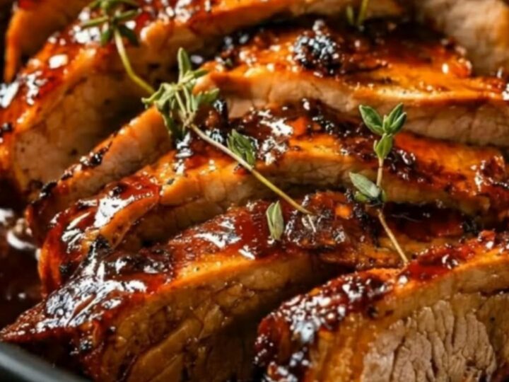 A golden-brown roasted pork tenderloin with a glossy brown sugar and garlic glaze, garnished with fresh thyme in a pan.