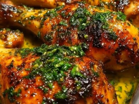 A golden brown roasted chicken drumstick coated in herb butter resting on a white plate.