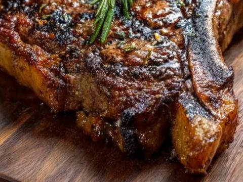 A perfectly seared ribeye steak with a garlic butter and rosemary crust on a wooden board.