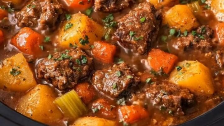 A close-up of a black slow cooker filled with hearty beef stew, featuring visible chunks of beef, carrots, and potatoes.