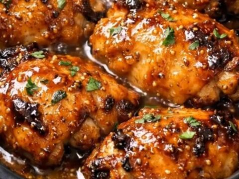 A glossy, caramelized chicken thigh served on a white plate with visible steam rising from the tender meat.